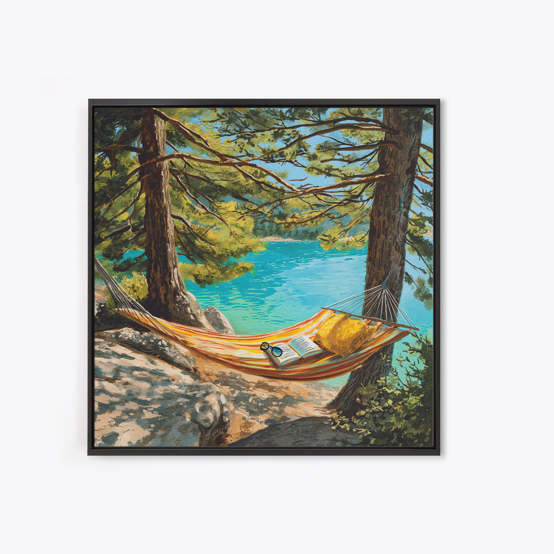 Hammock By Turquoise Lake Wall Art, Cozy Reading Nook In Pines Painting Print, Summer Cabin Home Decor Framed Canvas Print