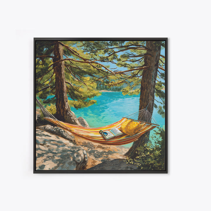 Hammock By Turquoise Lake Wall Art, Cozy Reading Nook In Pines Painting Print, Summer Cabin Home Decor Framed Canvas Print