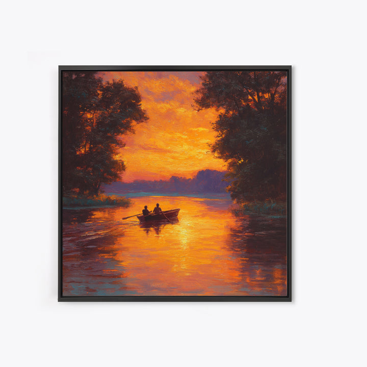 Couple Rowing Boat At Glowing Sunset Wall Art, Romantic Lake Landscape Canvas Print, Warm Living Room Home Decor