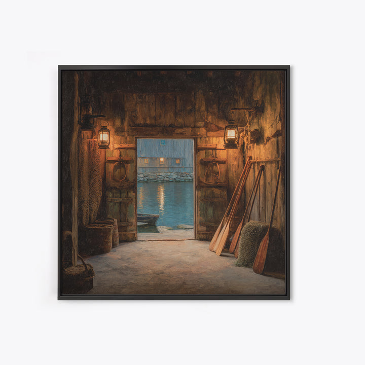 Warm Boat House Interior With Lanterns At Dusk Wall Art, Rustic Nautical Home Decor, Coastal Lake Framed Canvas Print