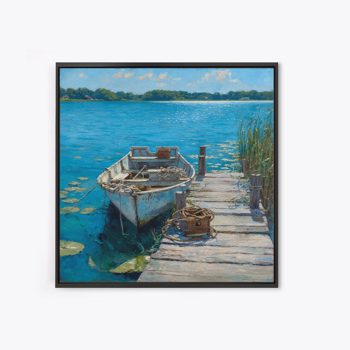Serene Rowboat Lake Landscape Wall Art For Beach House Decor, Coastal Seascape Canvas Print, Nautical Living Room Artwork