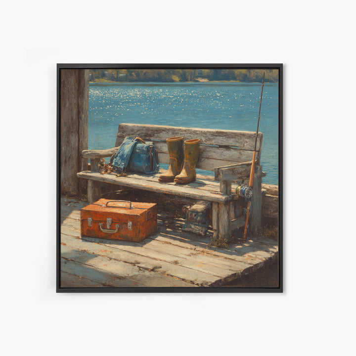 Rustic Fishing Dock Bench Wall Art, Lake Cabin Waterfront Canvas Print, Coastal Country Home Decor