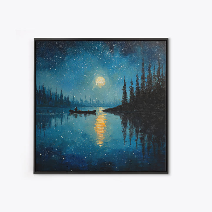 Moonlit Lake Canoe Night Landscape Wall Art, Starry Sky Reflection Print, Calming Nature Decor For Bedroom Wall Art