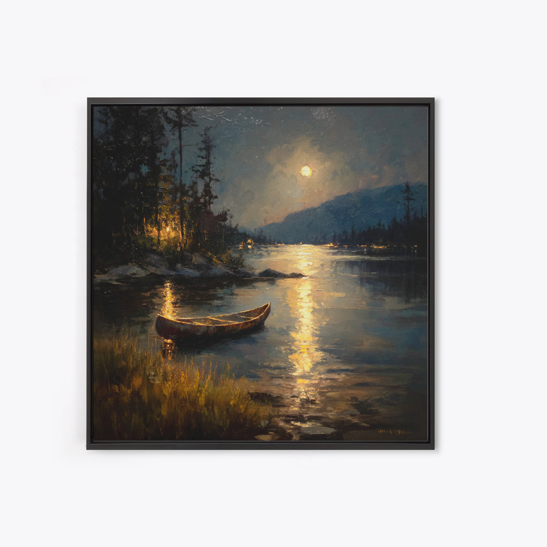 Moody Moonlit Lake Canoe Wall Art, Romantic Night Landscape Print, Rustic Cabin Decor, Calming Nature Art For Bedroom Or Living Room
