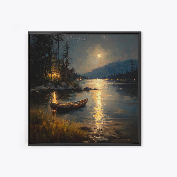 Moody Moonlit Lake Canoe Wall Art, Romantic Night Landscape Print, Rustic Cabin Decor, Calming Nature Art For Bedroom Or Living Room