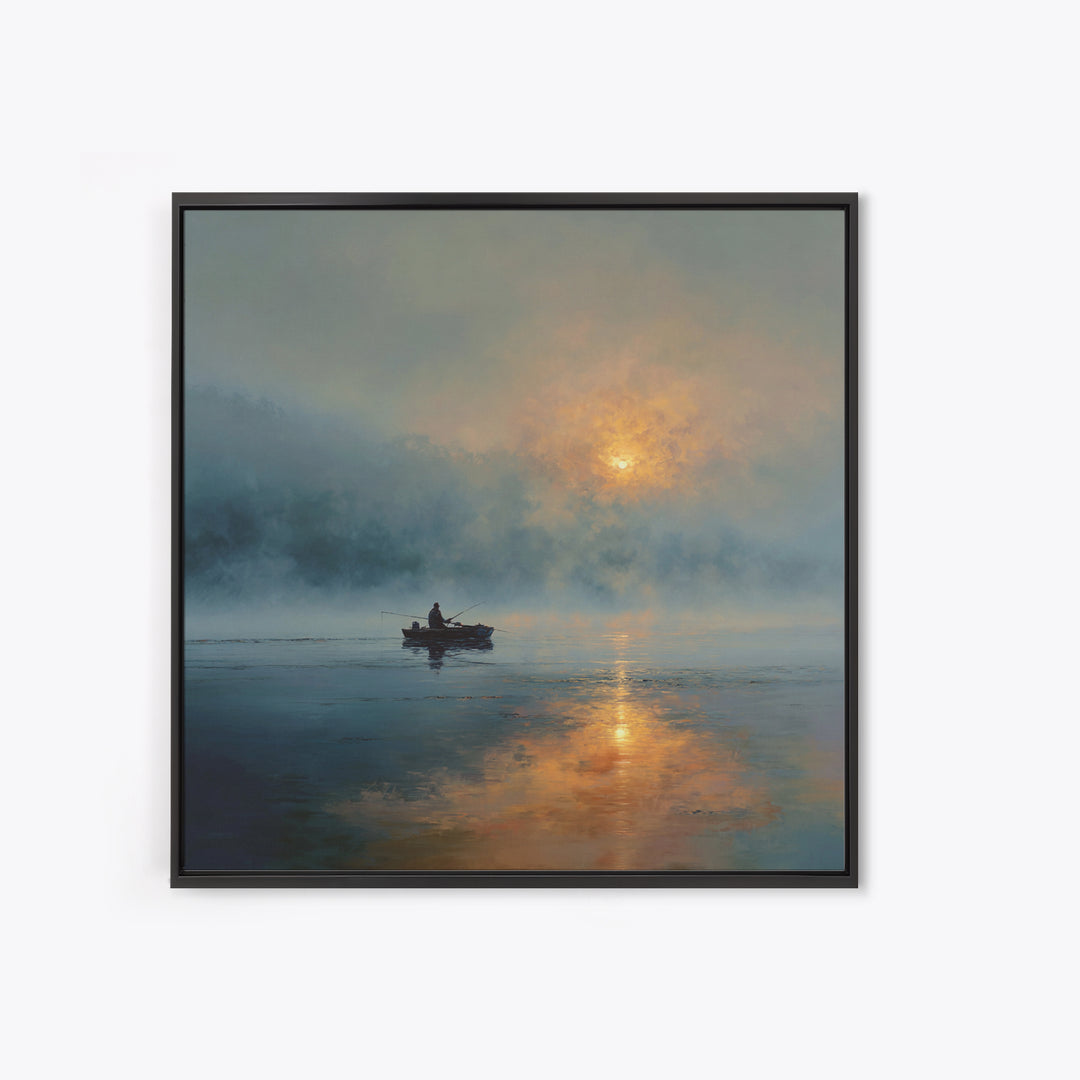 Misty Lake Sunrise Fisher In Boat Landscape Wall Art, Calming Nature Canvas Print, Modern Home Decor Living Room Art