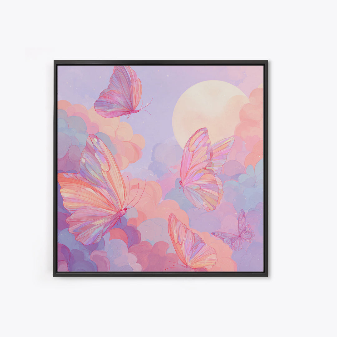 Pastel Pink Butterflies Moon Wall Art, Dreamy Celestial Canvas Print, Coquette Nursery Decor, Whimsical Bedroom Art Gift For Her