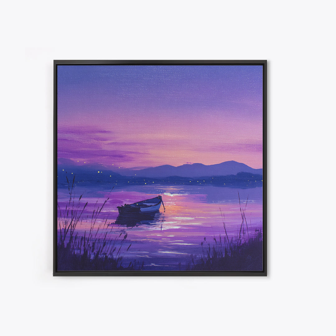 Purple Twilight Lake Boat Wall Art, Serene Sunset Landscape Canvas Print For Living Room Decor, Calming Modern Home Decor