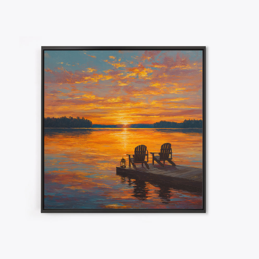 Lakeside Sunset With Adirondack Chairs Painting Wall Art, Romantic Lake Landscape Print, Cozy Cabin Summer Home Decor