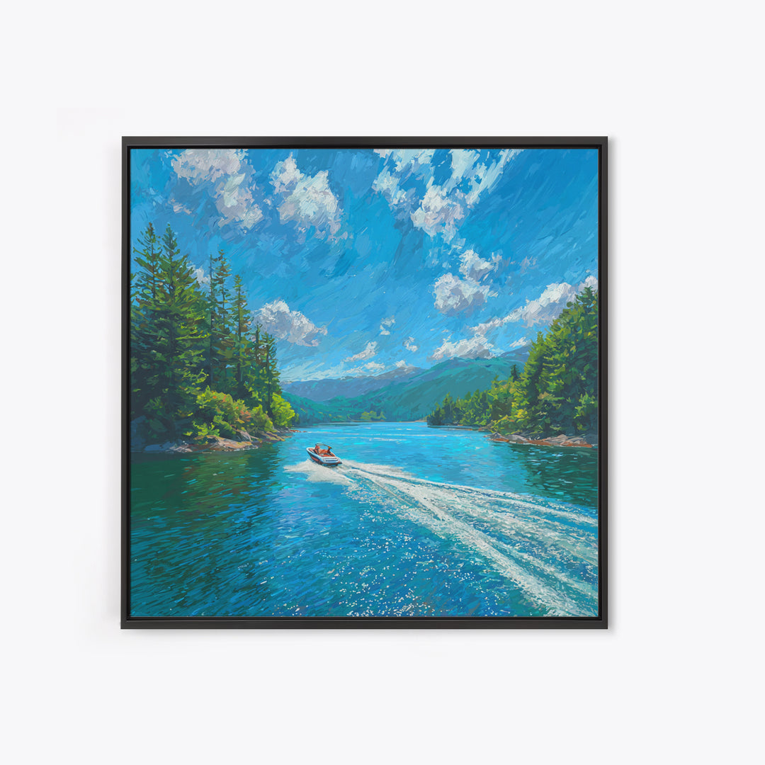 Boat On Mountain Lake Impressionist Landscape Wall Art, Turquoise Lake Painting Print, Nature Wall Art For Living Room Decor