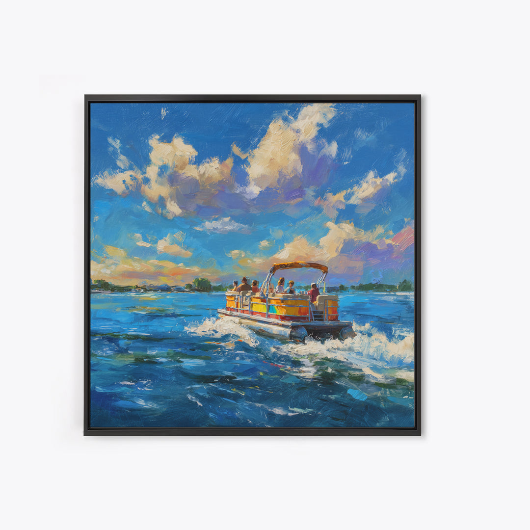 Sunny Boat Day Lake Oil Painting Wall Art, Colorful Coastal Art Print, Nautical Home Decor, Beach House Living Room Wall Art