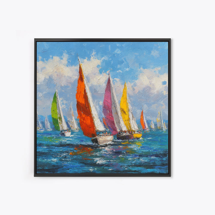 Colorful Sailboats Seascape Oil Painting Wall Art, Coastal Abstract Ocean Canvas Print, Beach House Decor Modern Nautical Art