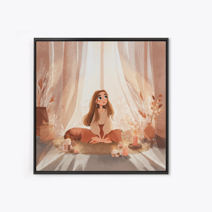 Cozy Meditation Girl With Candles Wall Art, Boho Spiritual Yoga Room Decor, Mindfulness Print, Peaceful Home Decor, Gift For Her