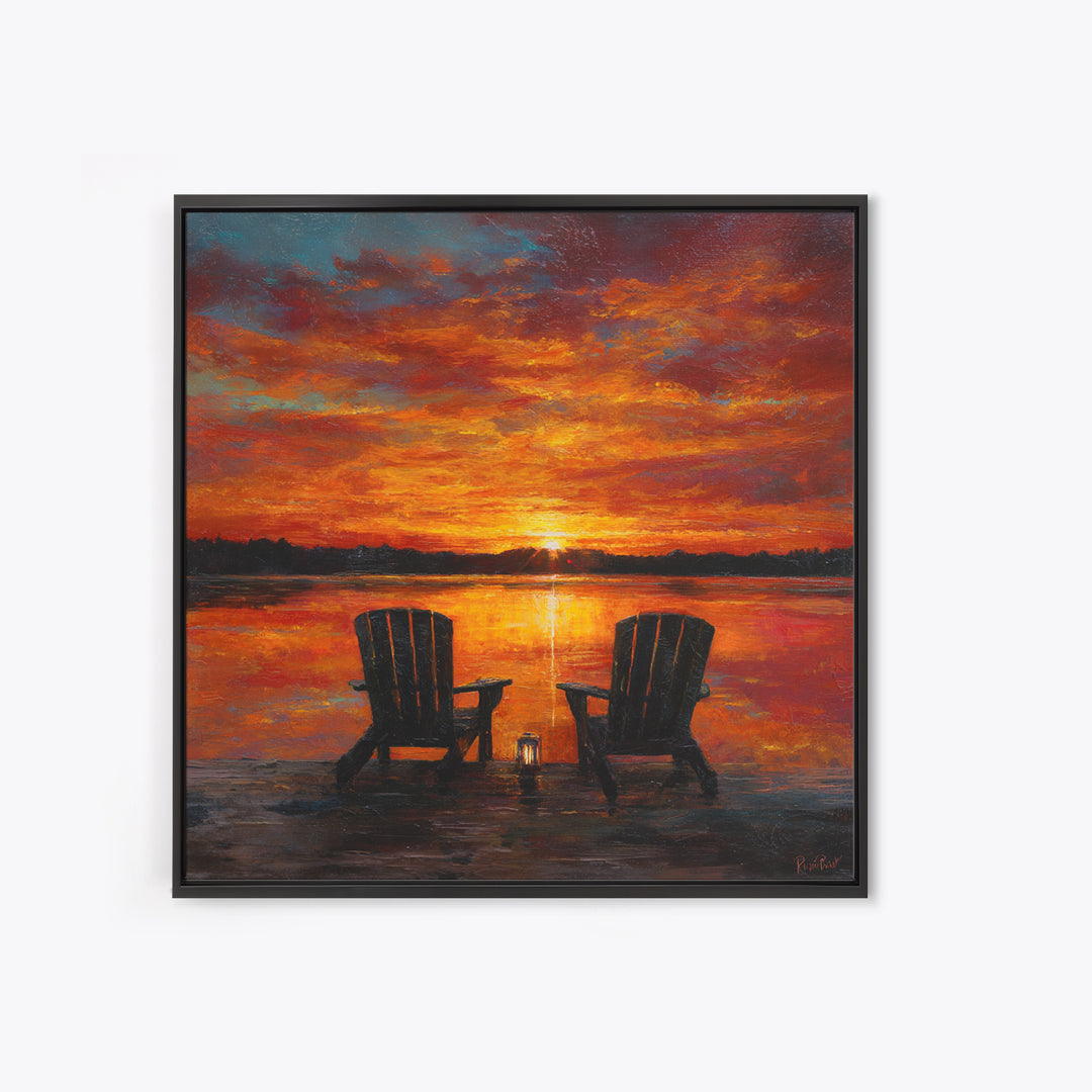 Romantic Lake Sunset Chairs Wall Art For Living Room Decor, Cozy Sunset Painting Canvas Print, Peaceful Landscape Art
