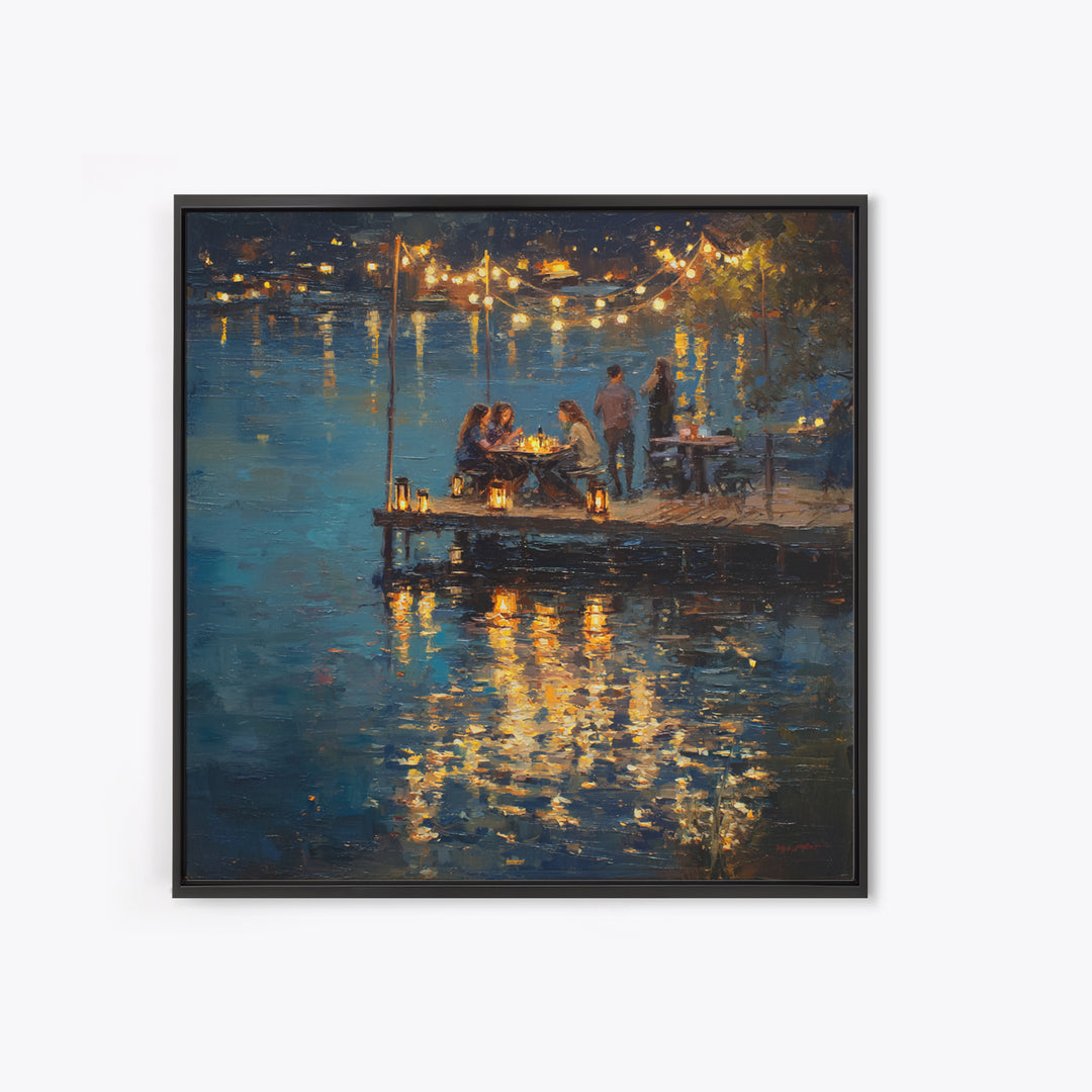 Romantic Lakeside Dinner Painting Wall Art, Warm Night Dock Scene Framed Canvas Print, Cozy Living Room And Dining Decor
