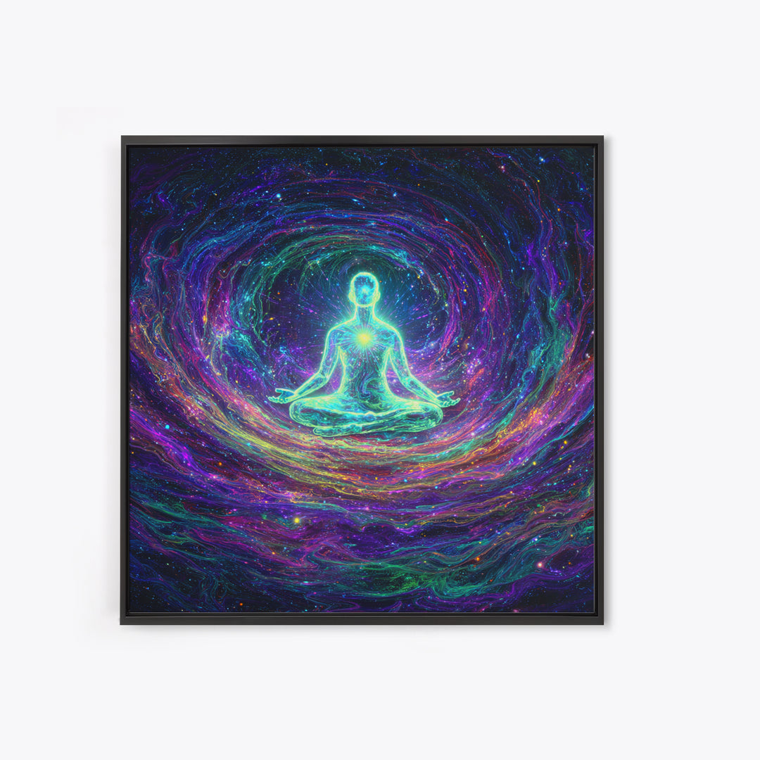 Glowing Figure Meditating In Cosmic Swirl Wall Art, Psychedelic Galaxy Canvas Print, Spiritual Mystical Home Decor