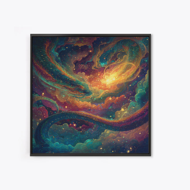 Cosmic Dragon And Phoenix Fantasy Wall Art, Colorful Celestial Galaxy Framed Canvas Print, Mystical Surreal Home Decor