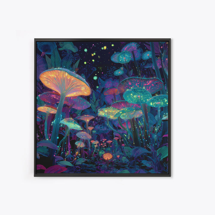 Glowing Mushrooms Fantasy Forest Wall Art, Whimsical Night Garden Painting, Colorful Nature Art Print, Magical Canvas Print