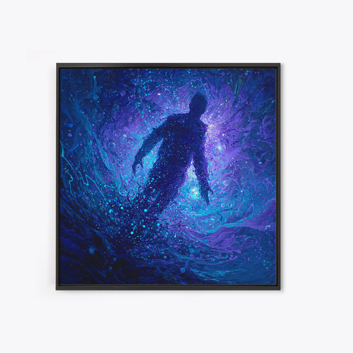 Surreal Figure Floating In Cosmic Blue Swirl Canvas Print, Abstract Space Art, Mystical Wall Art For Modern Living Room Decor