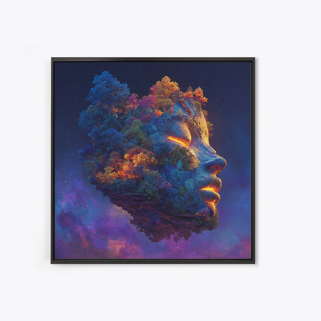 Cosmic Mother Earth Face Wall Art, Fantasy Floating Island Landscape Canvas Print, Vibrant Galaxy Home Decor