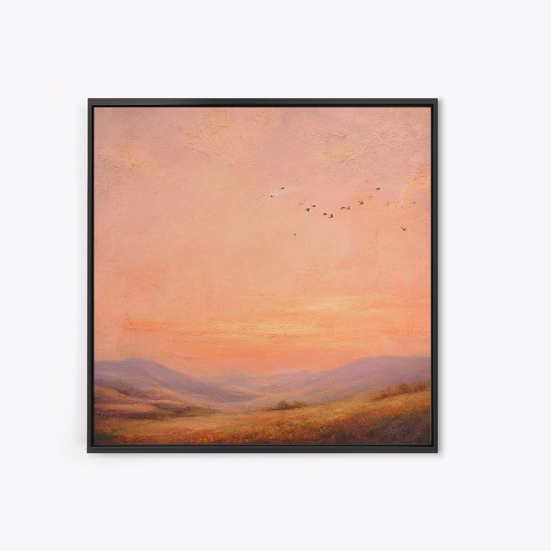 Peach Sunset Valley Landscape Wall Art, Textured Oil Painting Print, Warm Nature Decor, Large Living Room Canvas Wall Decor