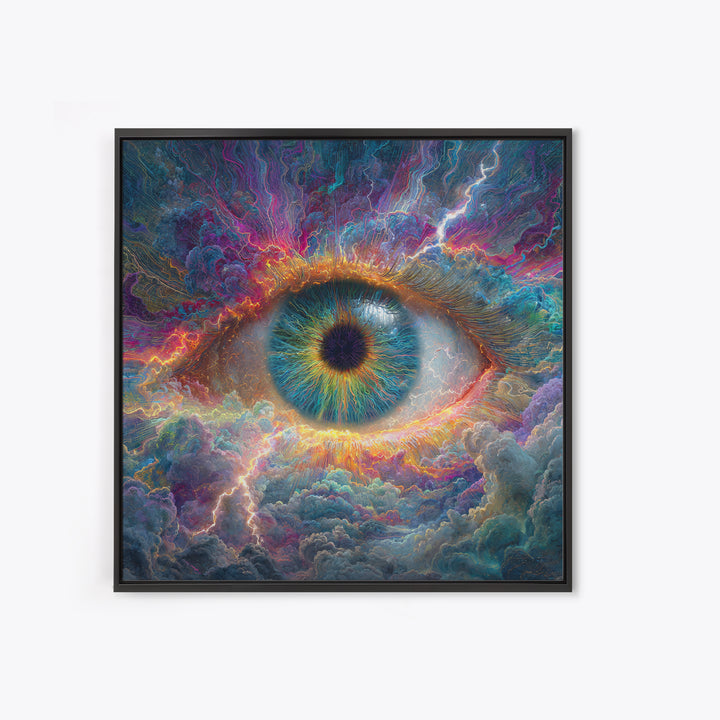 Cosmic Eye In Storm Clouds Framed Canvas Print, Surreal Celestial Wall Art, Psychedelic Visionary Decor For Office And Living Room