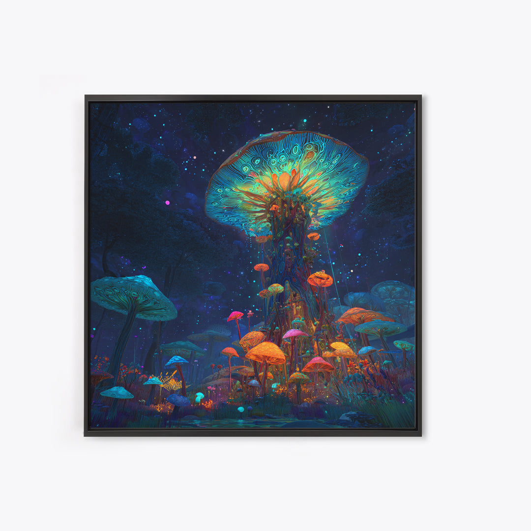 Enchanted Bioluminescent Mushroom Forest Wall Art, Vibrant Fantasy Landscape Canvas Print, Whimsical Nature Home Decor