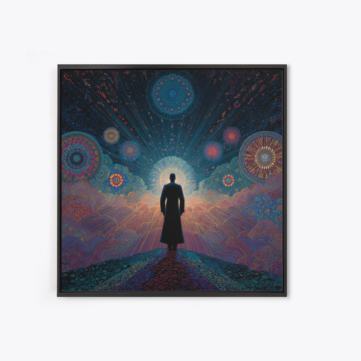 Mystical Figure Under Cosmic Sky Wall Art, Psychedelic Galaxy Path Print, Spiritual Visionary Surreal Art Canvas Print