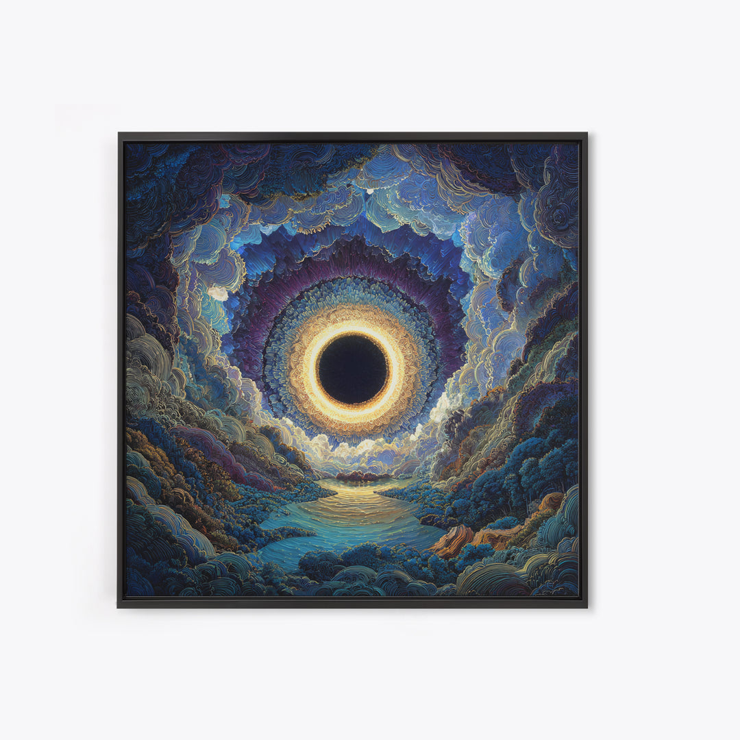 Mystic Solar Eclipse Over Blue Valley Framed Canvas Print, Celestial Landscape Wall Art, Moody Fantasy Home Decor For Bedroom