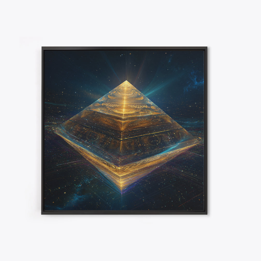 Golden Futuristic Pyramid In Galaxy Surreal Space Wall Art, Cosmic Sci Fi Home Decor, Modern Canvas Print