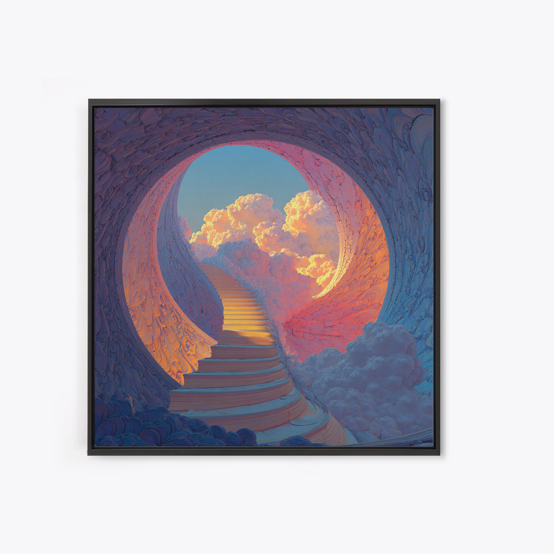 Heavenly Stairway To Clouds Wall Art, Dreamy Fantasy Landscape Canvas Print, Calming Surreal Art For Bedroom Decor