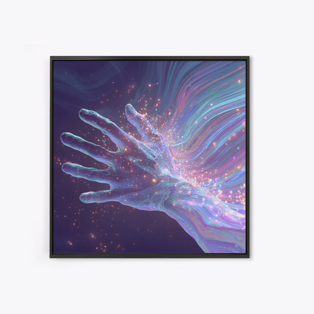 Iridescent Hand With Sparkles Surreal Wall Art, Futuristic Abstract Canvas Print For Modern Office Decor And Gamer Room