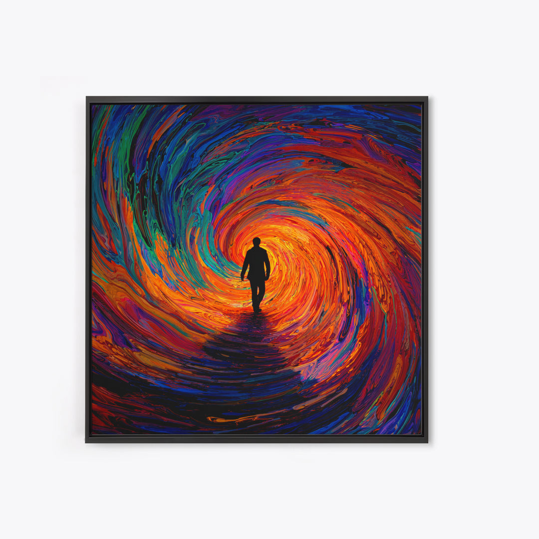 Man Walking Into Vortex Abstract Wall Art, Colorful Surreal Tunnel Painting, Modern Abstract Art Print, Statement Canvas Print