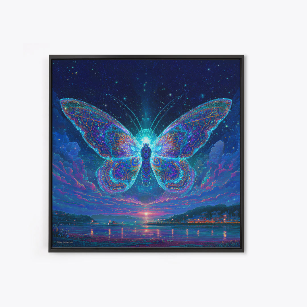 Cosmic Butterfly Over Water Wall Art, Psychedelic Celestial Canvas Print, Fantasy Night Sky Home Decor