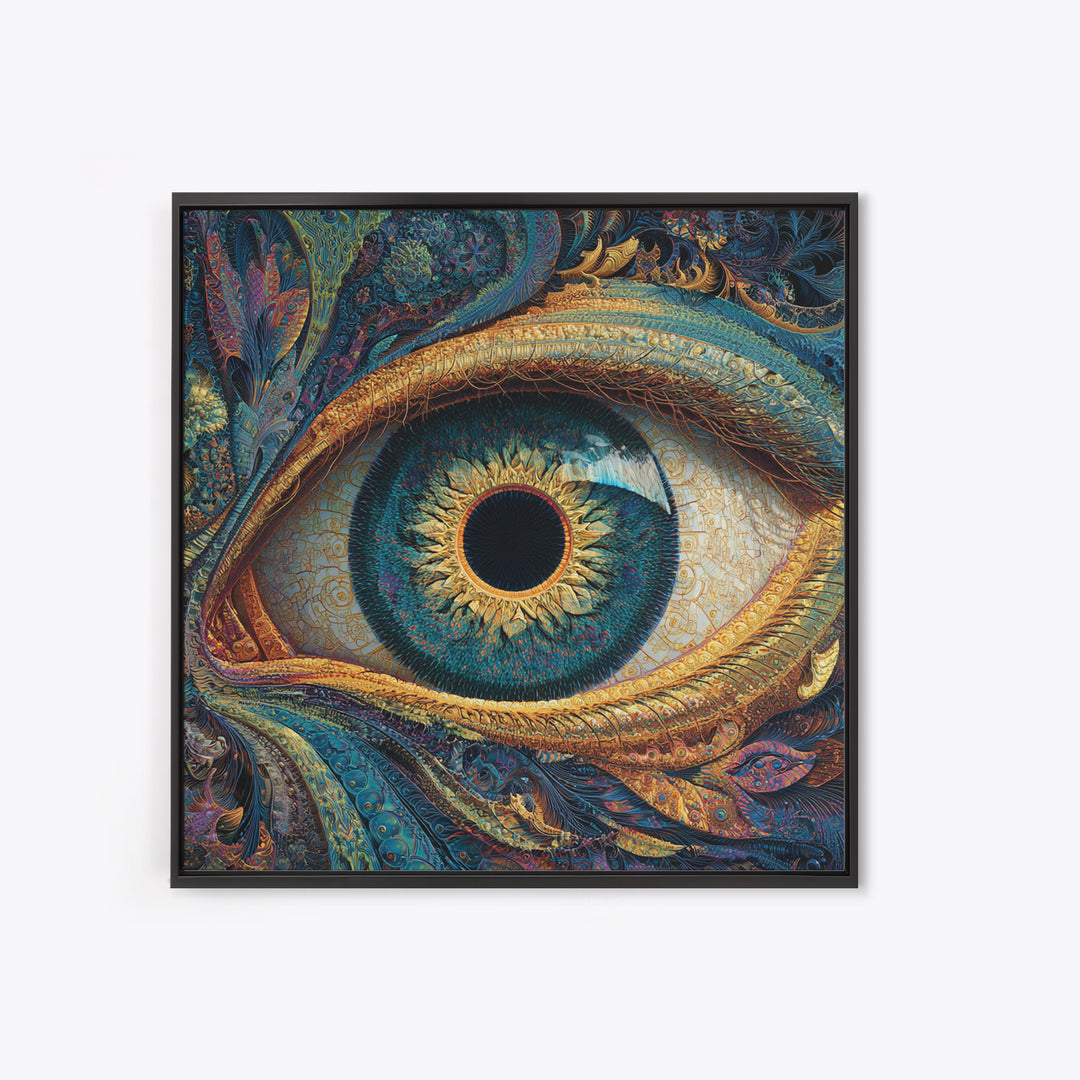Surreal Golden Eye With Intricate Abstract Patterns Wall Art, Mystical Fantasy Canvas Print For Modern Home Decor