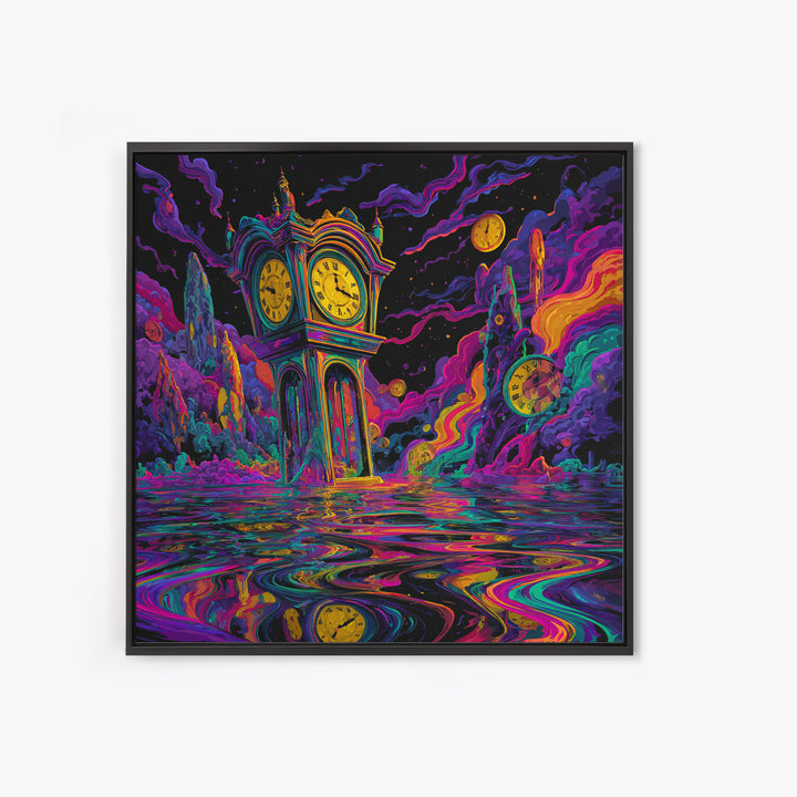 Surreal Neon Clock Dreamscape Wall Art, Psychedelic Abstract Landscape Canvas Print, Colorful Trippy Home Decor