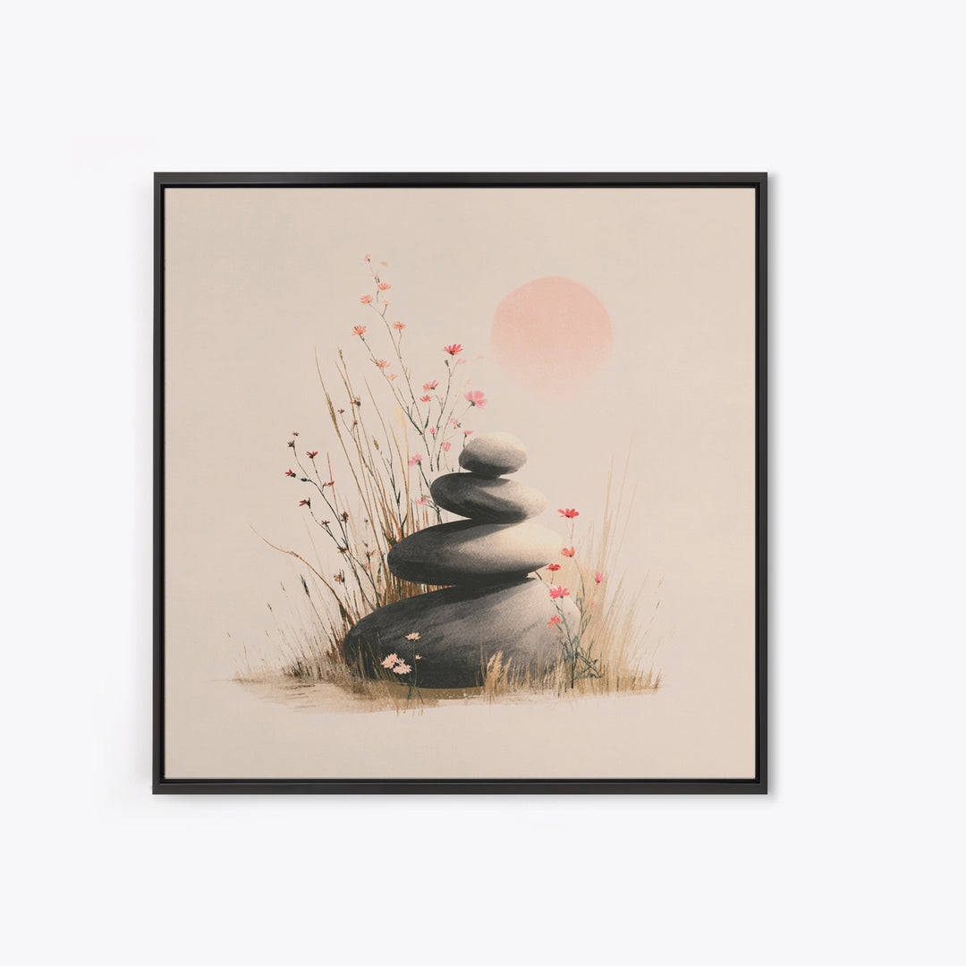 Zen Stacked Stones And Wildflowers Wall Art, Minimalist Meditation Canvas Print, Japandi Spa Decor, Calming Gift For Her