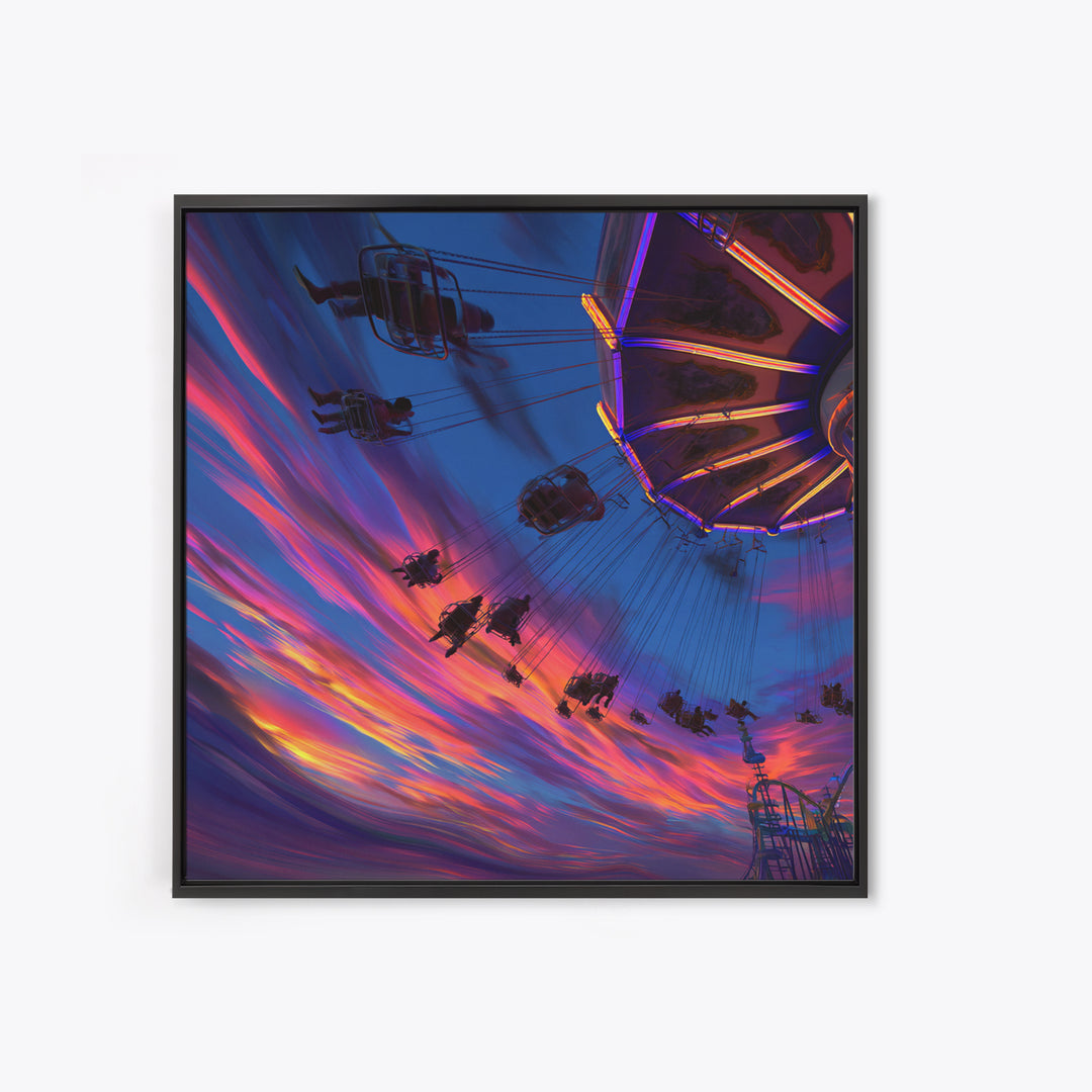 Dynamic Amusement Park Swing Ride Sunset Scene Vibrant Abstract Wall Art Framed Canvas Print For Living Room