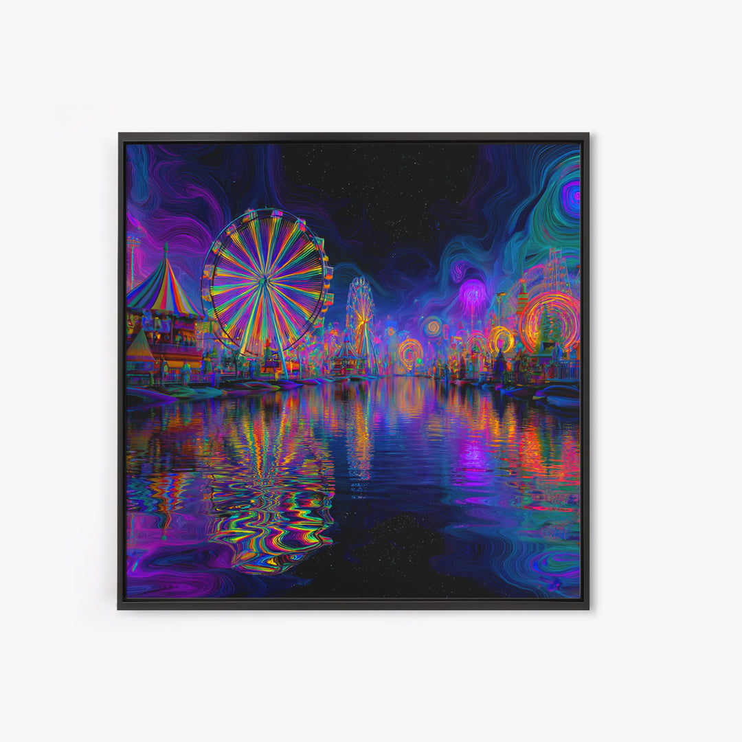 Neon Carnival At Night Abstract Wall Art, Psychedelic Ferris Wheel Canvas Print, Colorful Dopamine Decor Gaming Room Art