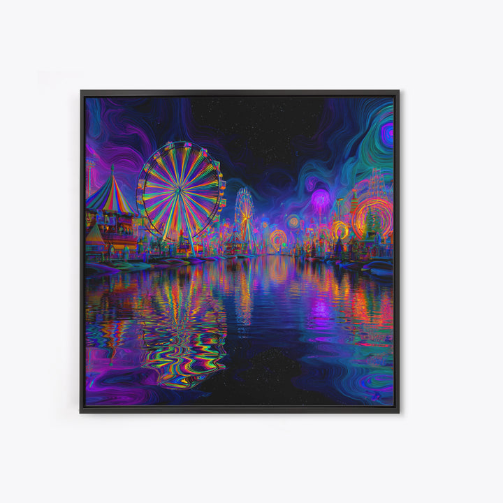 Neon Carnival At Night Abstract Wall Art, Psychedelic Ferris Wheel Canvas Print, Colorful Dopamine Decor Gaming Room Art