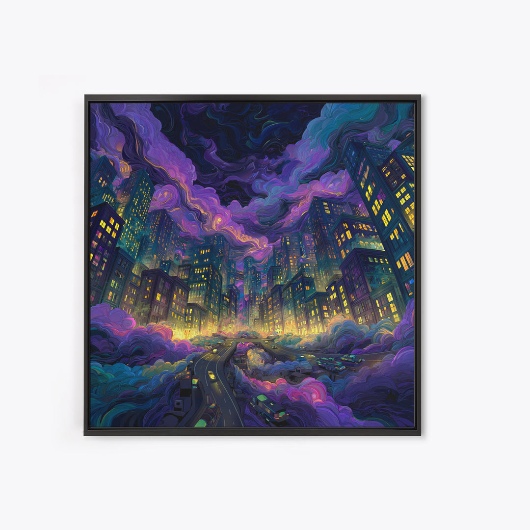 Neon Cityscape Night Sky Wall Art Colorful Futuristic Skyline Canvas Print Gaming Room Decor Sci Fi Wall Art