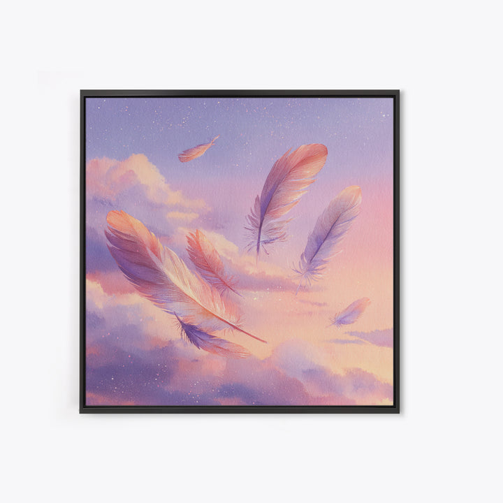 Floating Pink Feathers Wall Art, Dreamy Celestial Canvas Print, Pastel Cloud Decor, Whimsical Nursery Bedroom Gift For Her