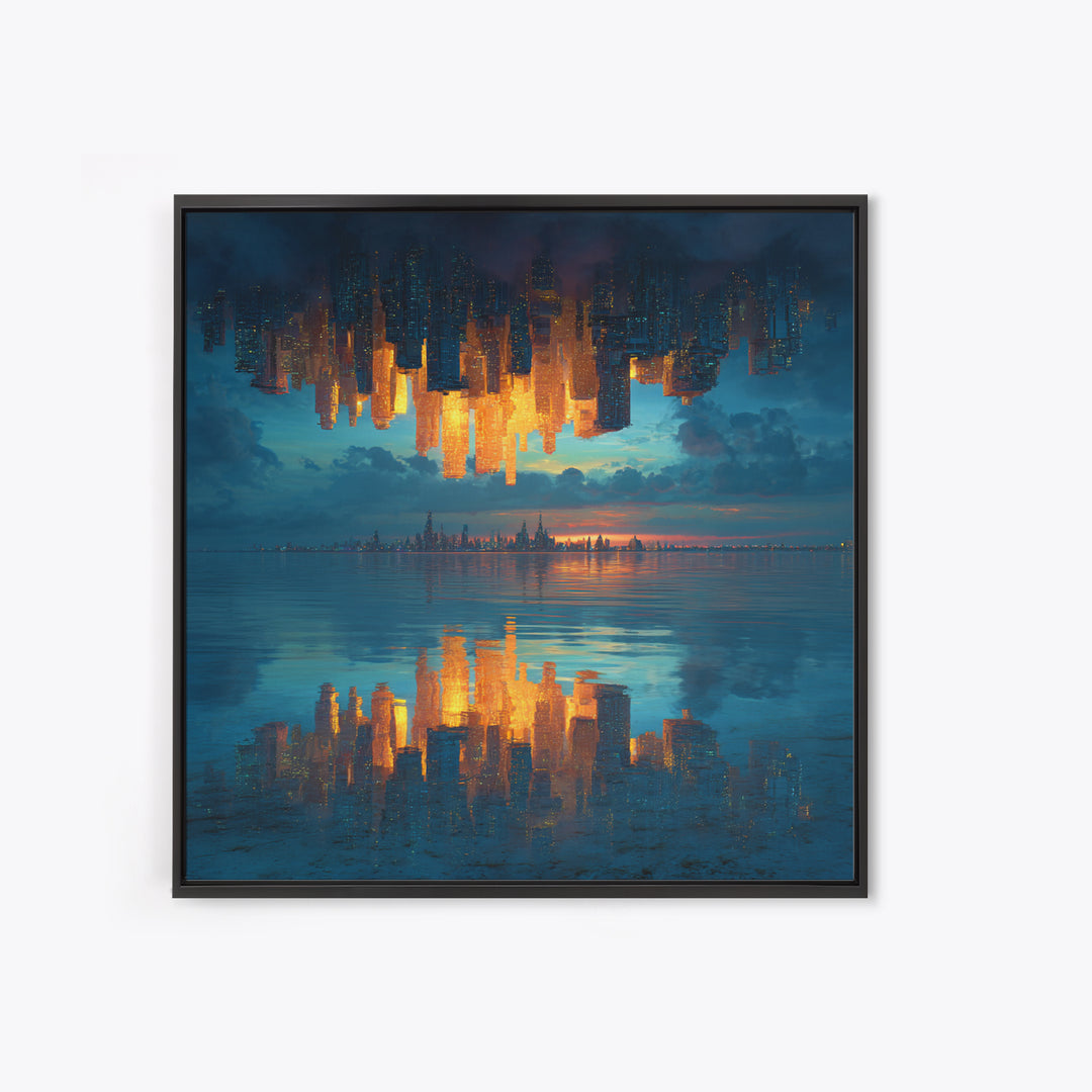 Upside Down Skyline Reflected On Water Wall Art, Surreal Cityscape Canvas Print, Modern Urban Decor For Living Room And Office