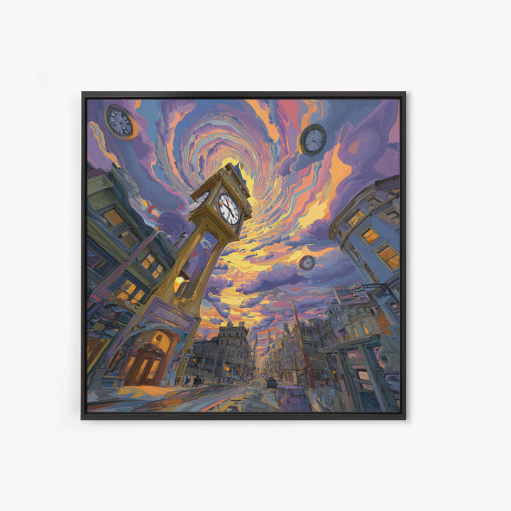 Surreal Cityscape With Clock Tower And Swirling Sky At Sunset Wall Art Framed Canvas Print For Home Decor