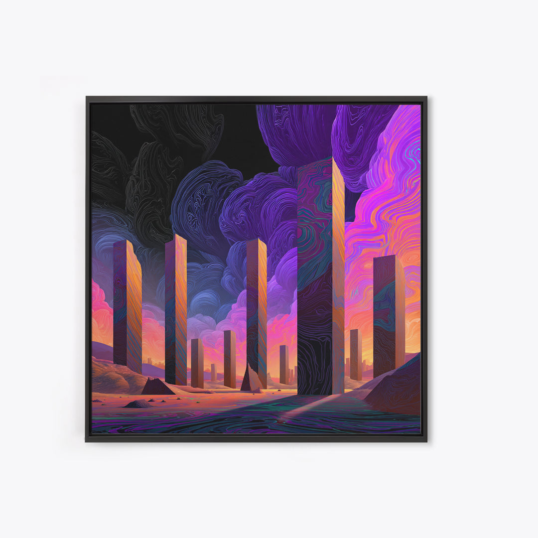Neon Desert Monoliths Under Purple Sky Canvas Print, Futuristic Landscape Wall Art, Sci Fi Abstract Decor For Modern Home