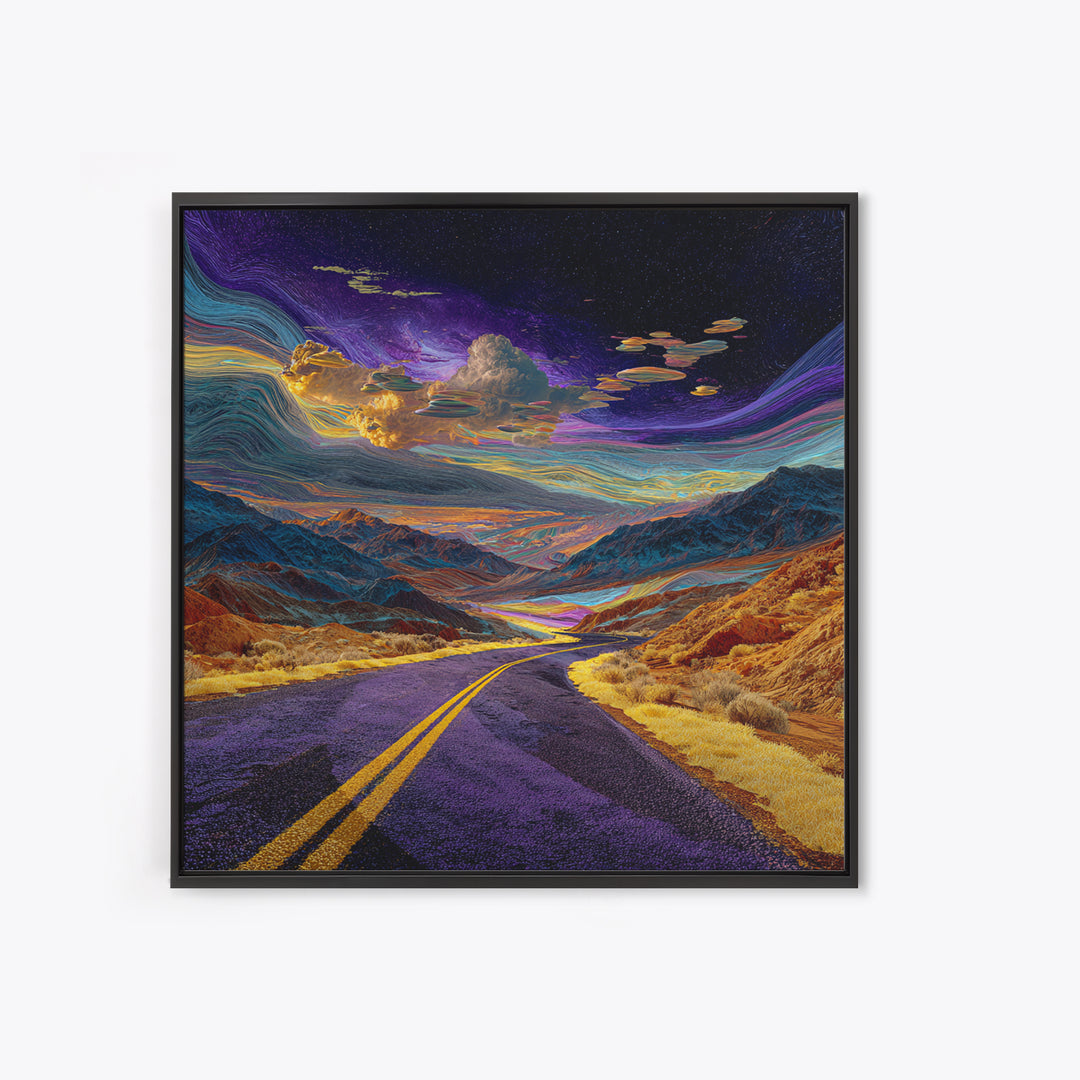 Cosmic Desert Highway Under Swirling Galaxy Sky Wall Art, Surreal Colorful Landscape Canvas Print, Modern Decor