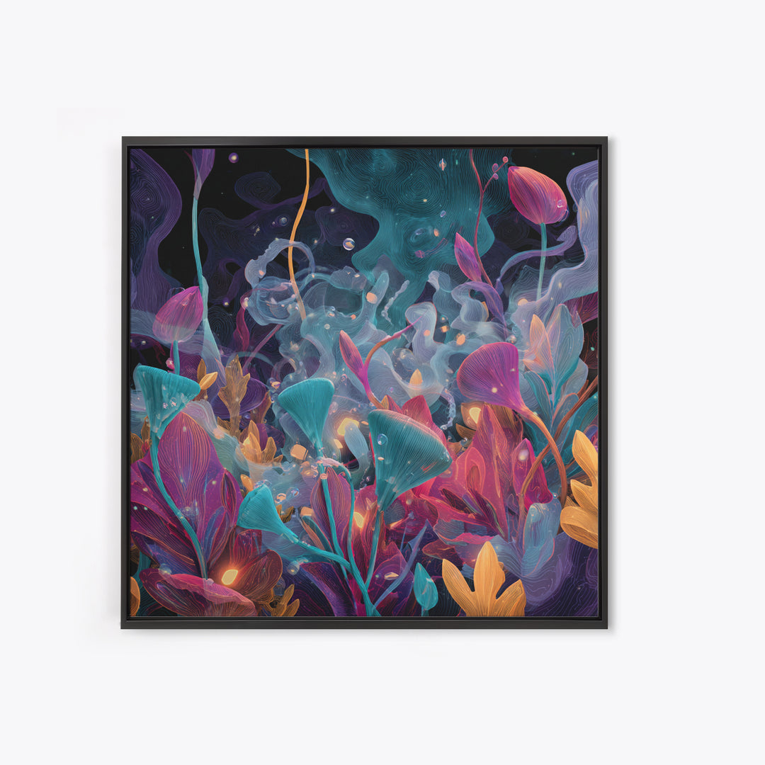 Glowing Alien Garden With Teal And Magenta Flowers Canvas Print, Psychedelic Botanical Wall Art, Whimsical Room Decor Gift