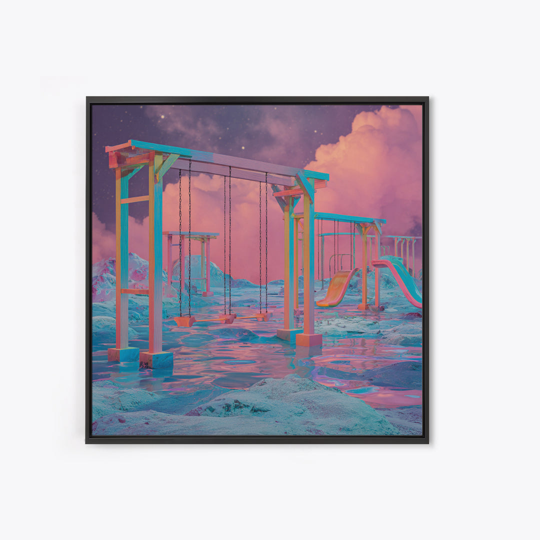 Surreal Neon Playground Landscape Wall Art, Dreamy Fantasy Seascape Canvas Print, Modern Home Decor, Statement Artwork