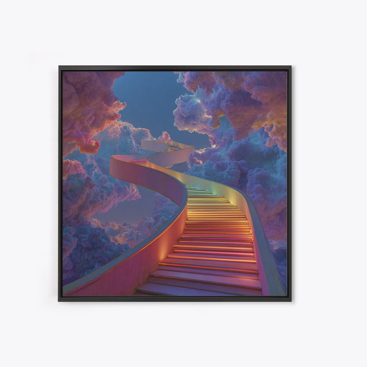 Rainbow Stairway Through Clouds Surreal Fantasy Wall Art, Dreamy Colorful Sky Canvas Print Home Decor