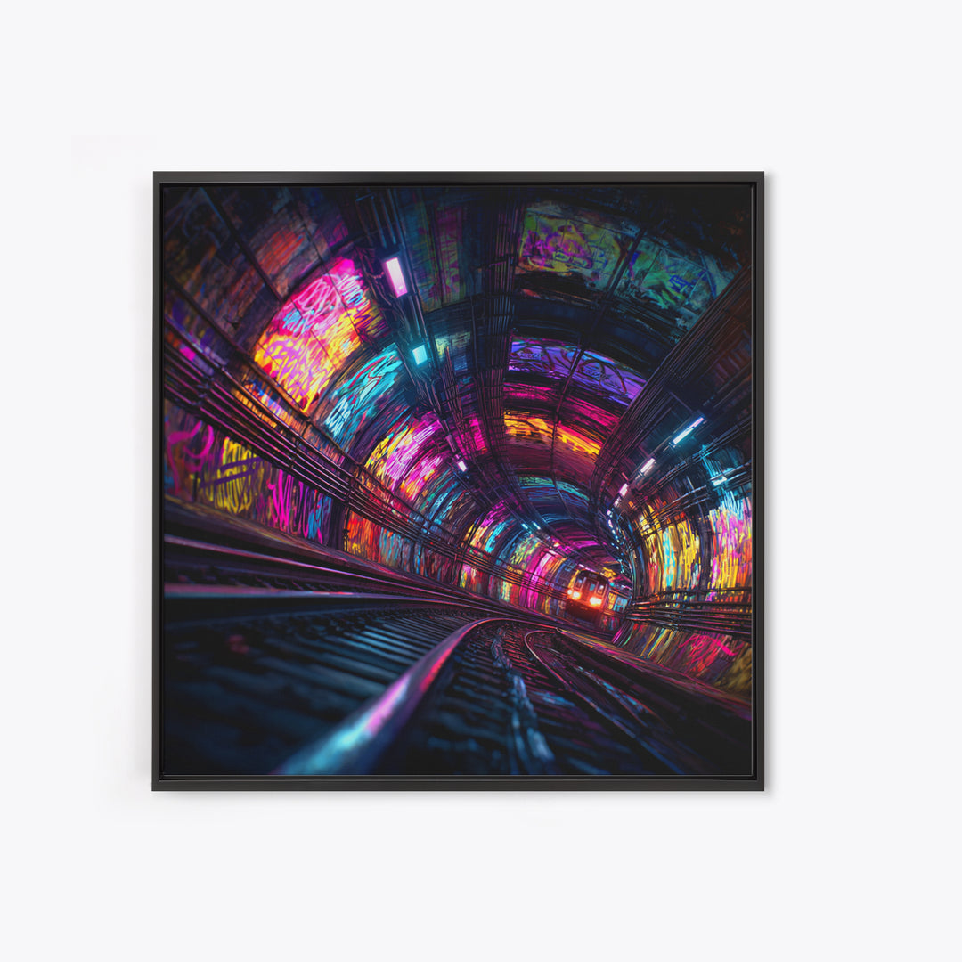 Neon Tunnel Cityscape Wall Art, Futuristic Subway Graffiti Canvas Print, Vibrant Urban Gaming Room Decor
